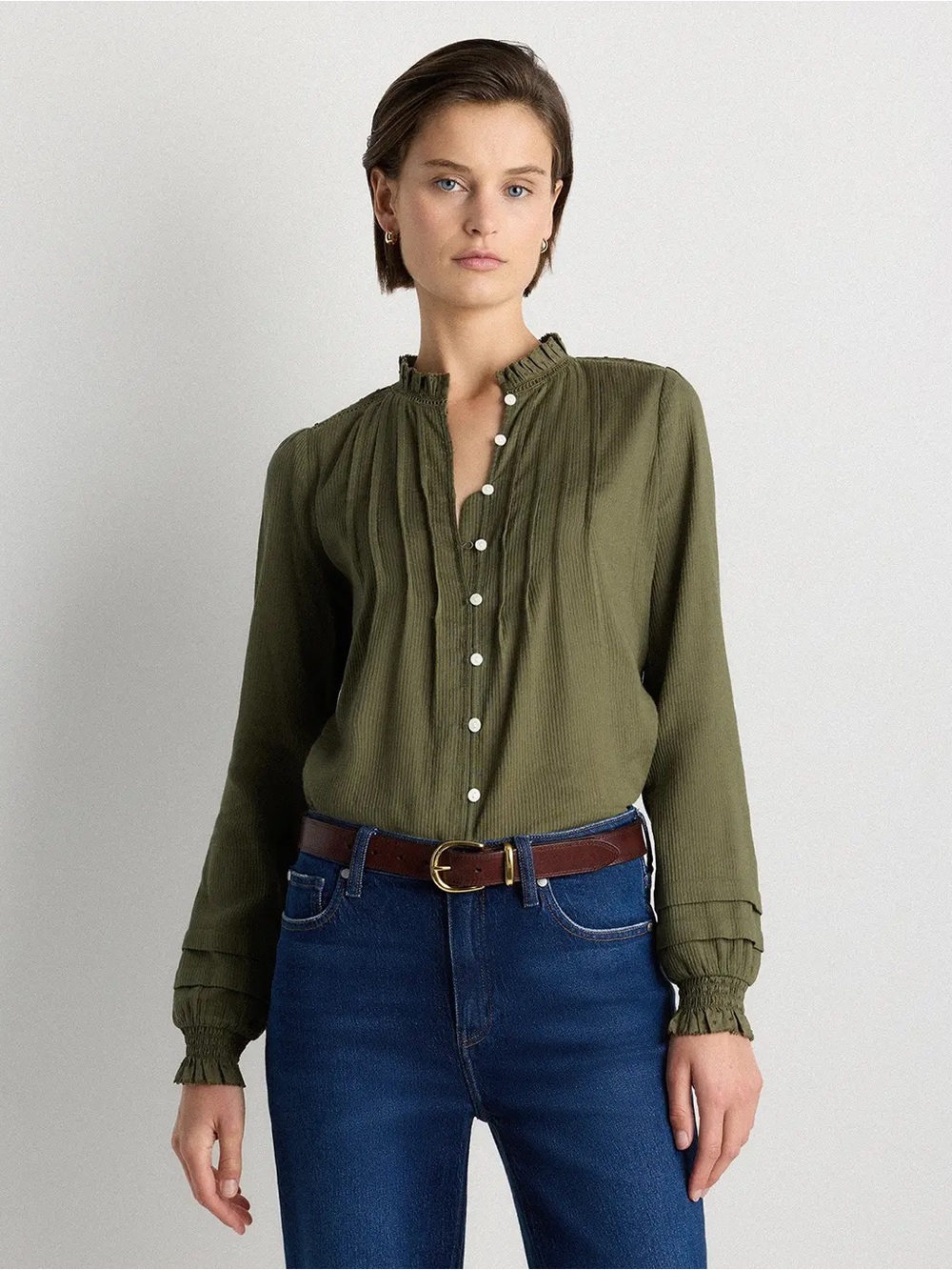 Quince Organic Cotton Peasant Blouse Caper Olive Green XS